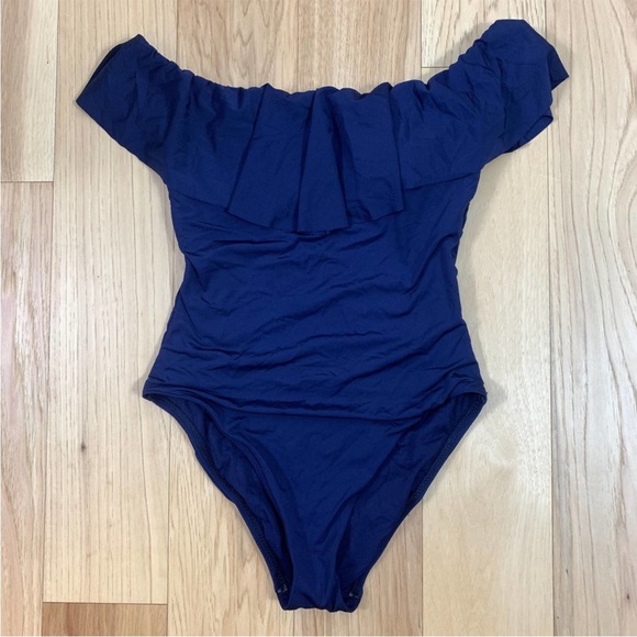 Trina Turk Off The Shoulder Ruffle One Piece Swimsuit Navy Blue 12 - Picture 3 of 8